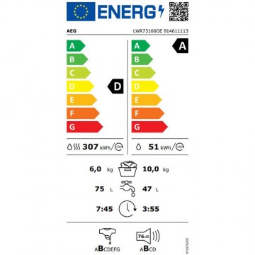 AEG LWR73166OE Πλυντήριο-Στεγνωτήριο Ρούχων 10kg/6kg Ατμού 1600 Στροφές